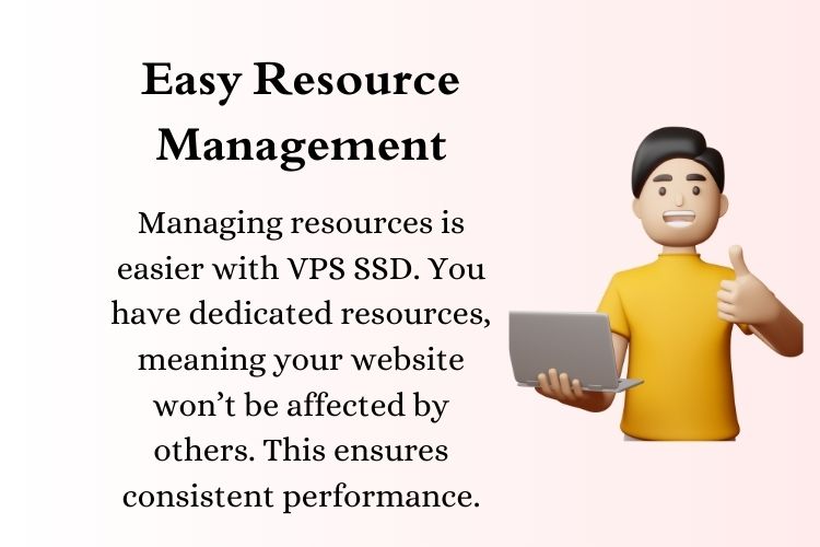 Managing resources is easier with VPS SSD. You have dedicated resources, meaning your website won’t be affected by others. This ensures consistent performance.